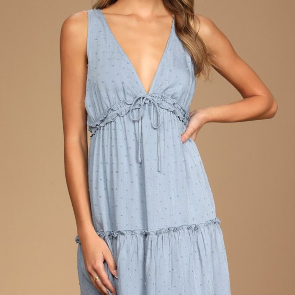 Lulus Crisp Meadows Light Blue Swiss Dot Tiered Mini Dress - Size L